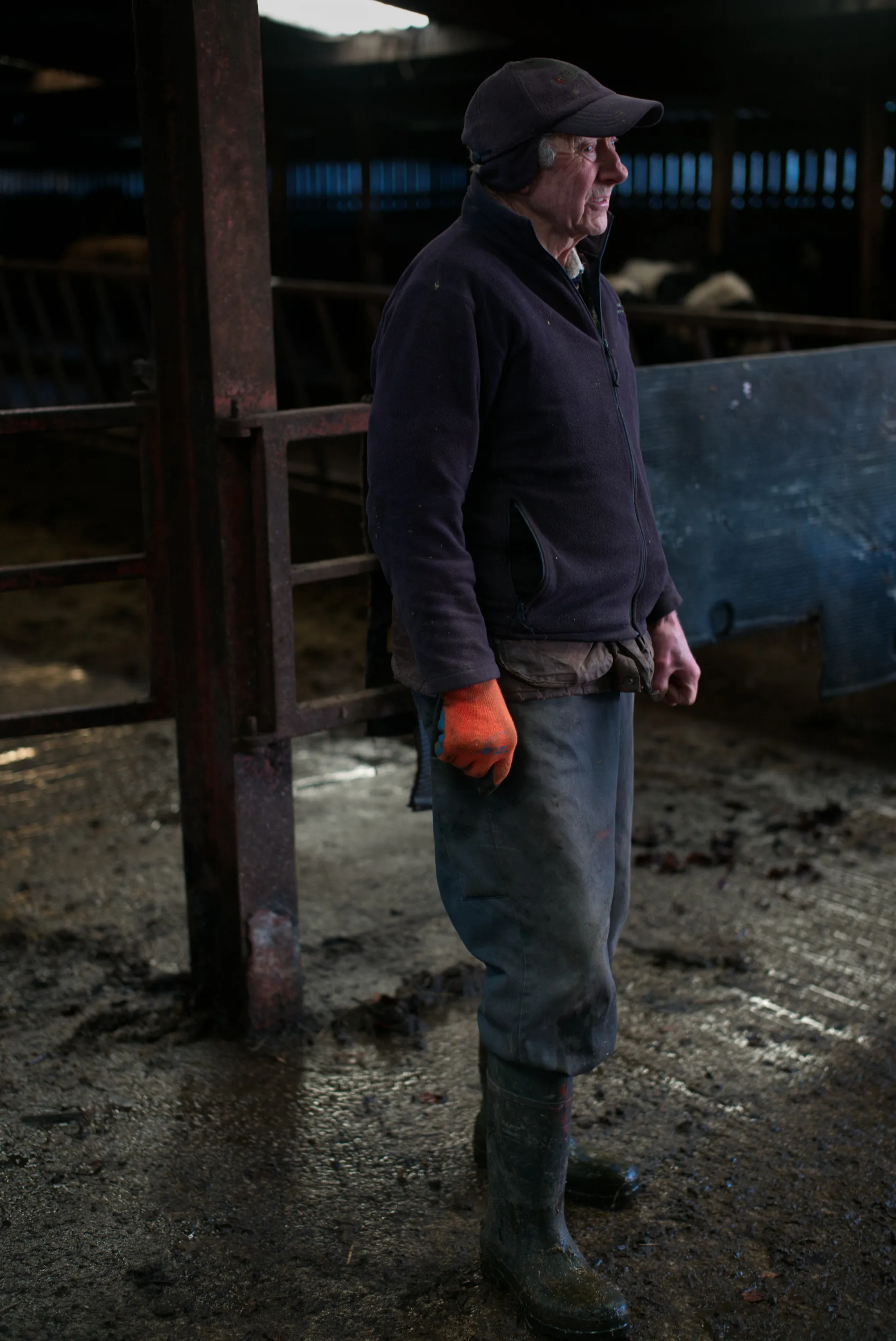 Man in overalls and a cap standing in a dark farm shed