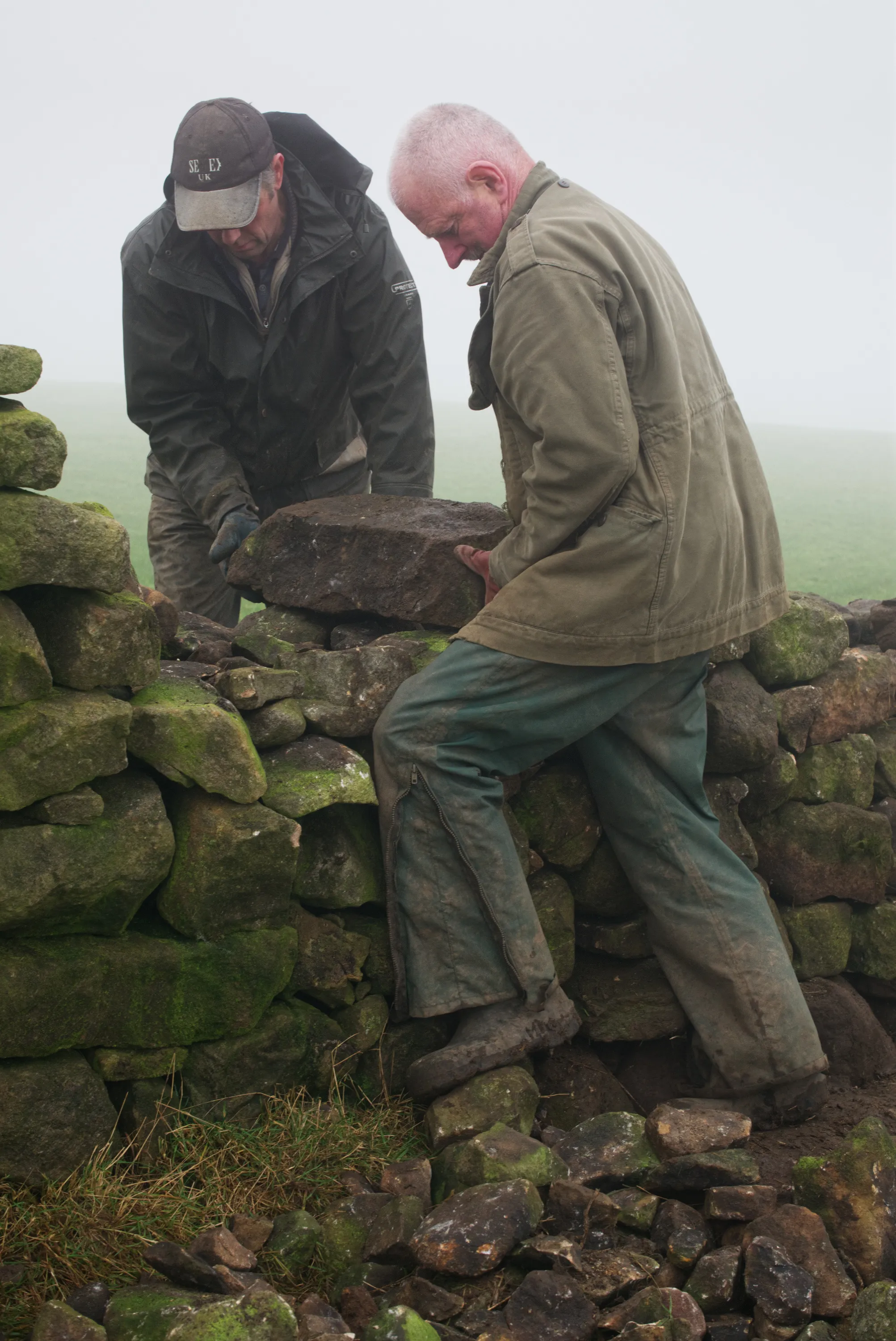 Two men lifting and placing stones onto a dry stone wall in thick fog