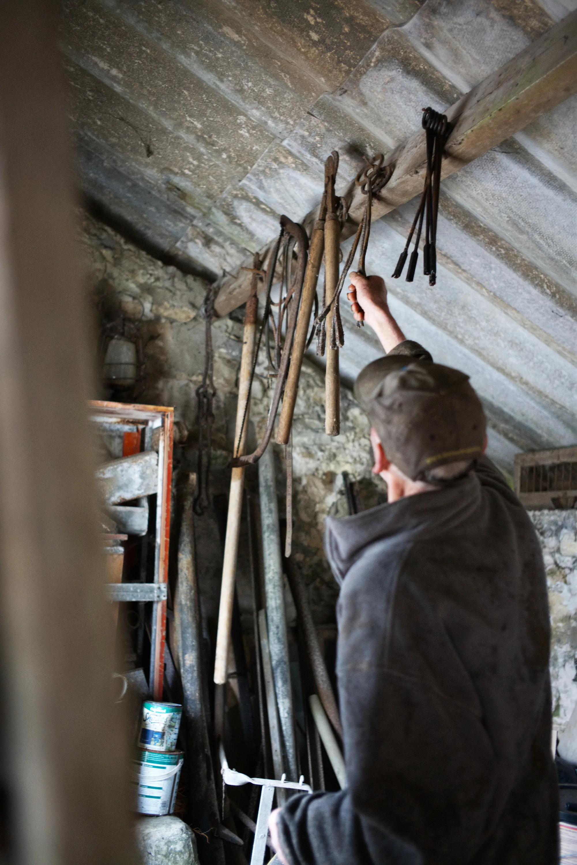 Person reaching up to unhook iron implements hanging from a stone tool store rafter