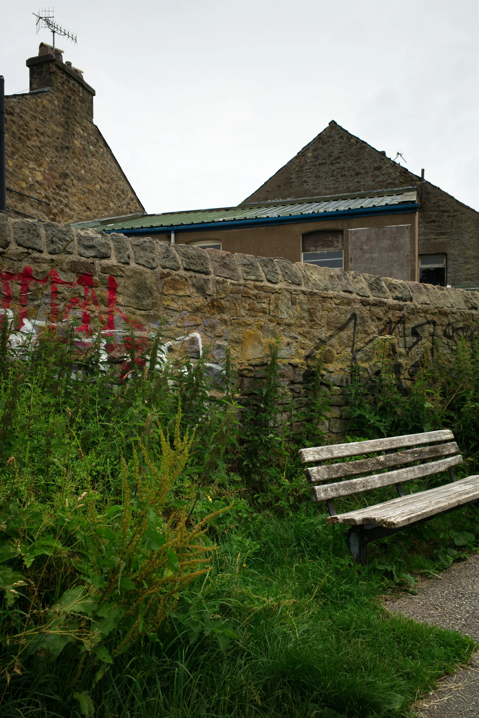 Weathered stone wall with graffiti, overgrown weeds, and a wooden bench in front of terraced stone buildings
