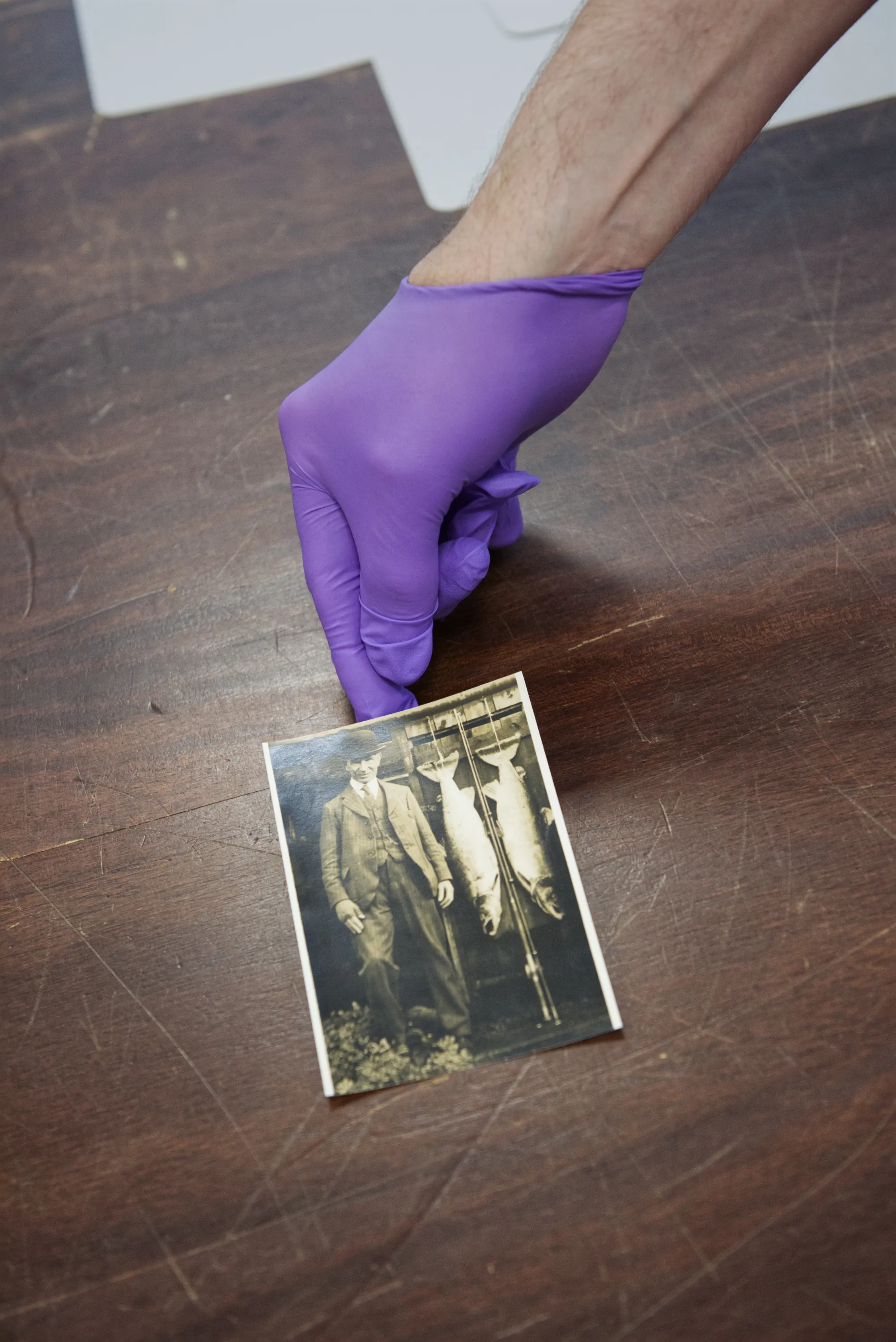 A gloved hand slides a small black-and-white photograph of two men standing beside hanging fish across a worn wooden table