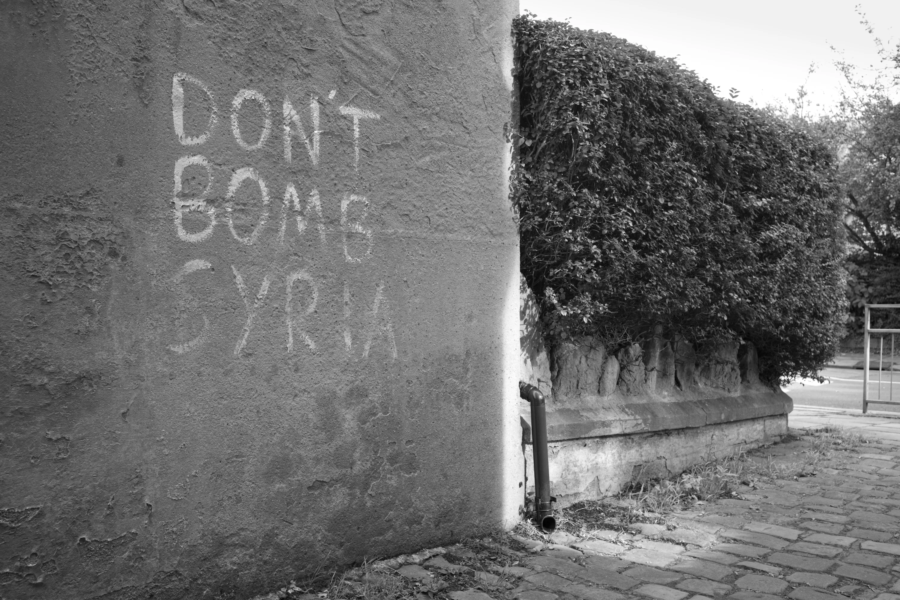 Don't Bomb Syria written in white paint on a rendered street-corner wall beside a hedge