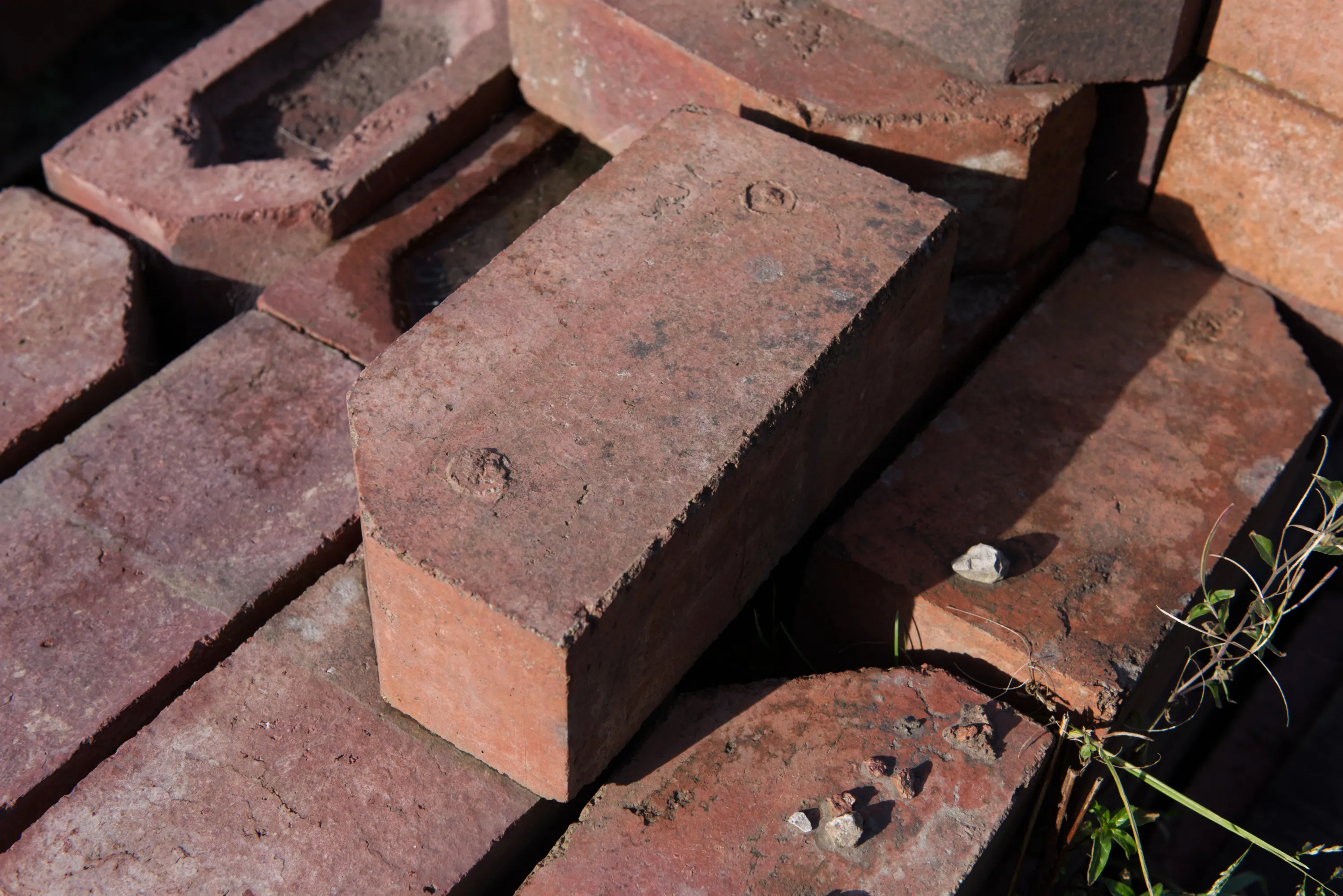 Loose red bricks scattered in sunlight, one upright in the foreground showing surface marks