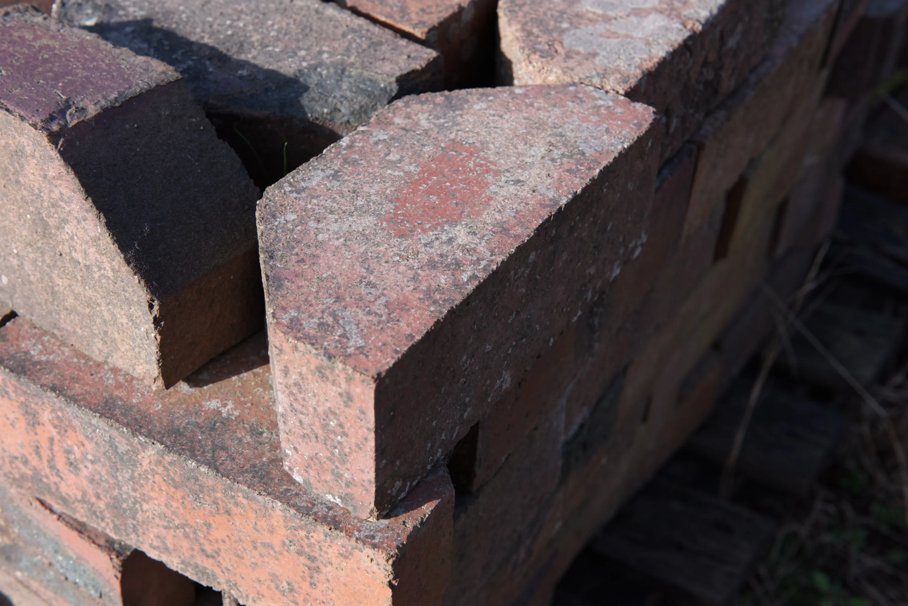 A rounded bullnose brick at the corner of a pallet, other bricks with perforations visible behind