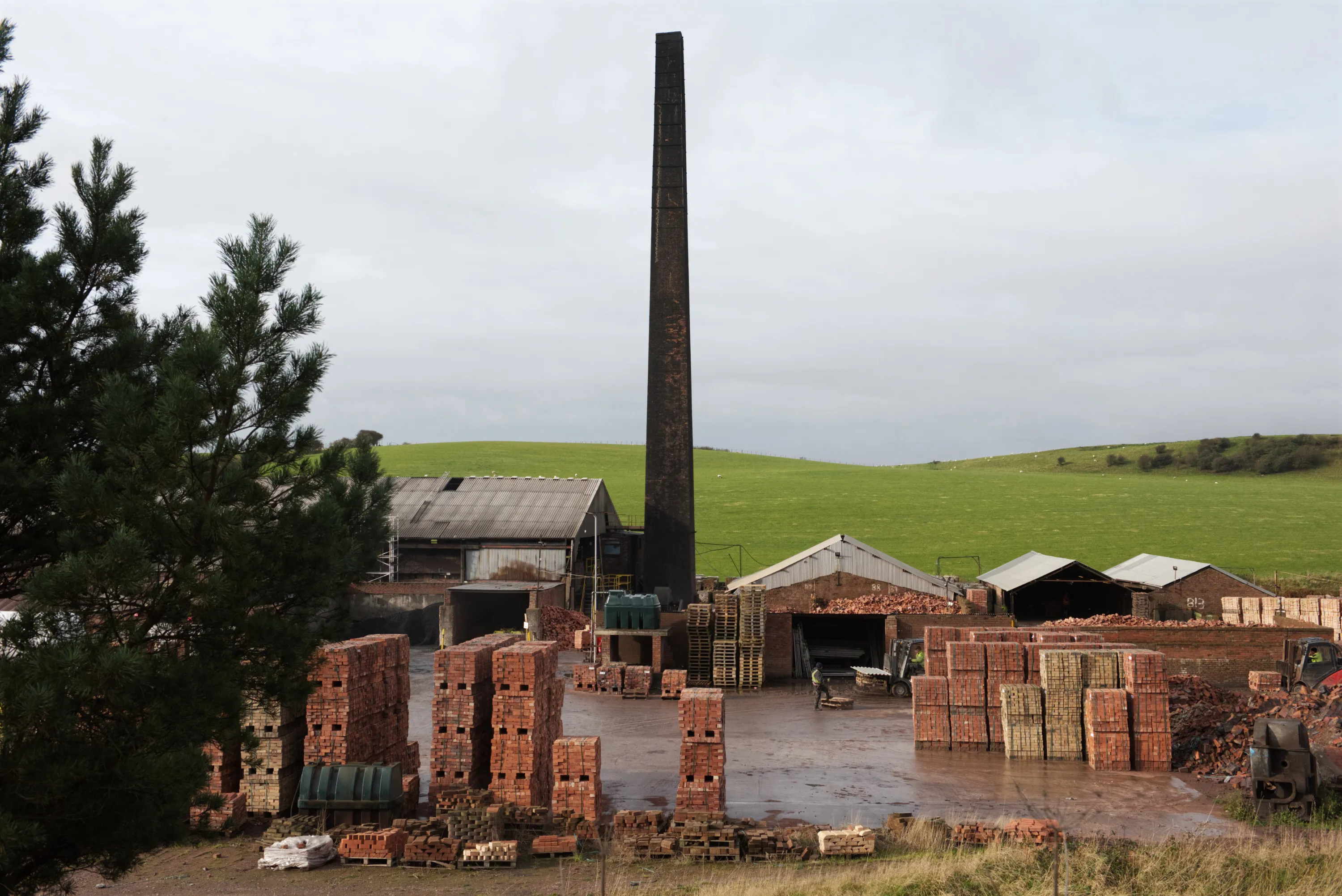Wide view of the Furness Brick and Tile works: the tall brick chimney dominates, pallets of bricks in the yard, green fields beyond
